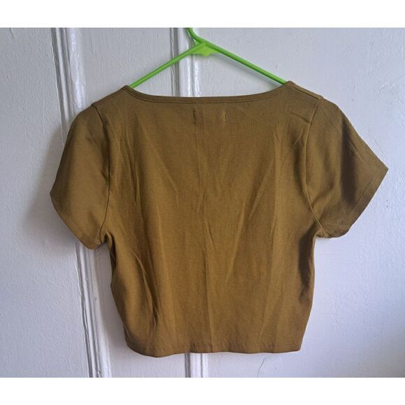 Madewell Womens Medium Mustard Green Shirt Deep Plunge Neck Cropped Top - Picture 5 of 7